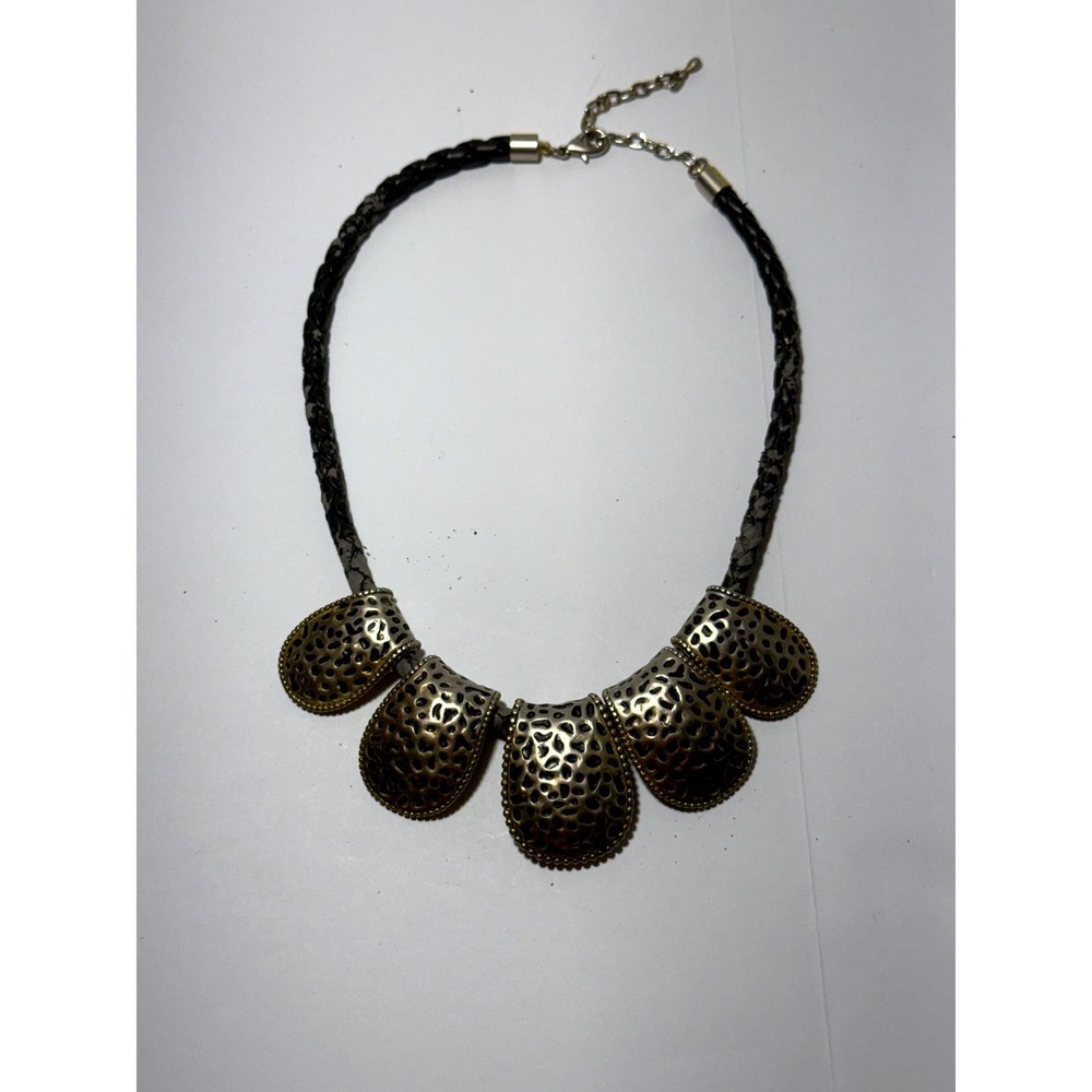 Vintage Gold Tone Filigree Bib Statement Necklace Black Braided Cord Boho Tribal